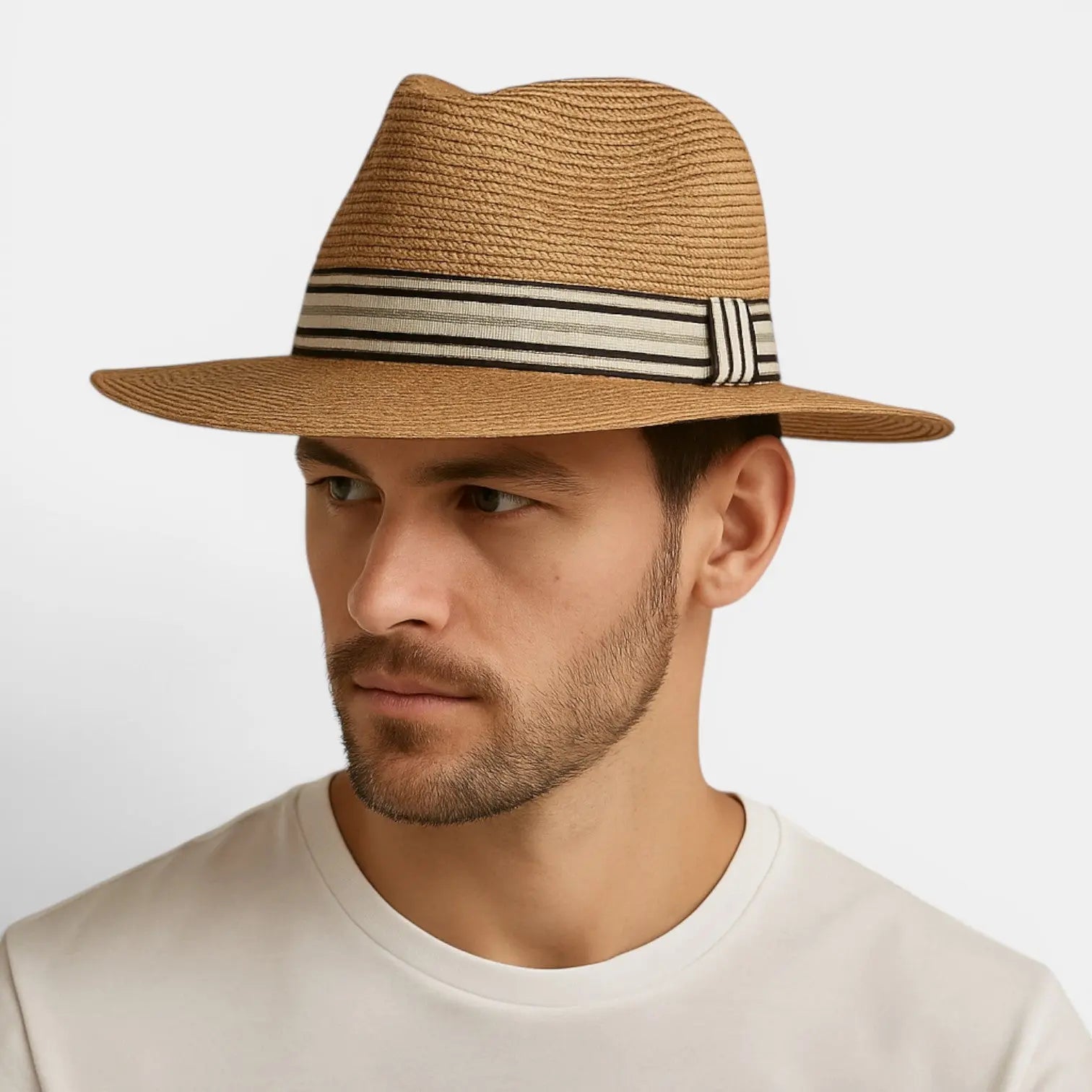 Chapeau Panama Paille Bord Large Unisexe Bandeau Rayé