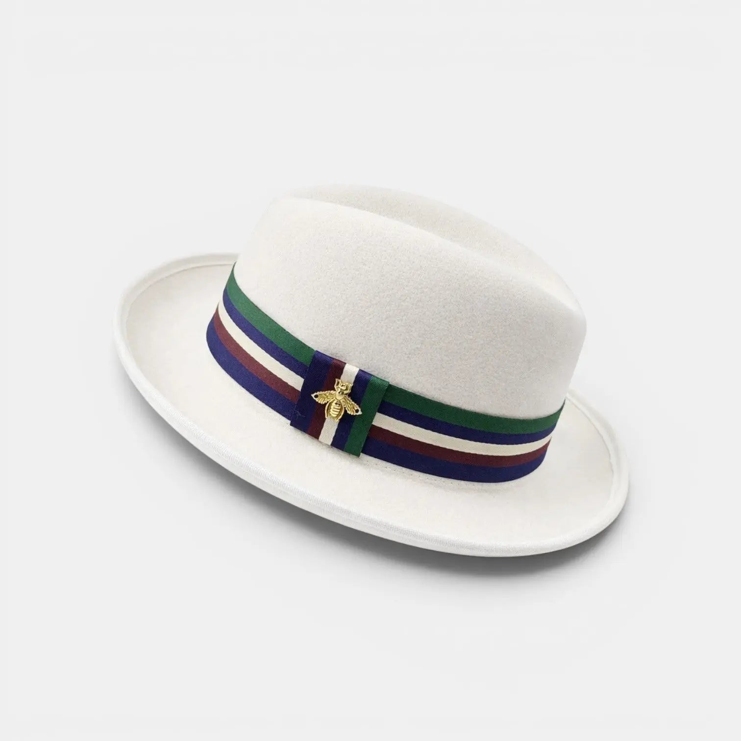 Chapeau Fedora Laine Ruban Rayé Broche Dorée