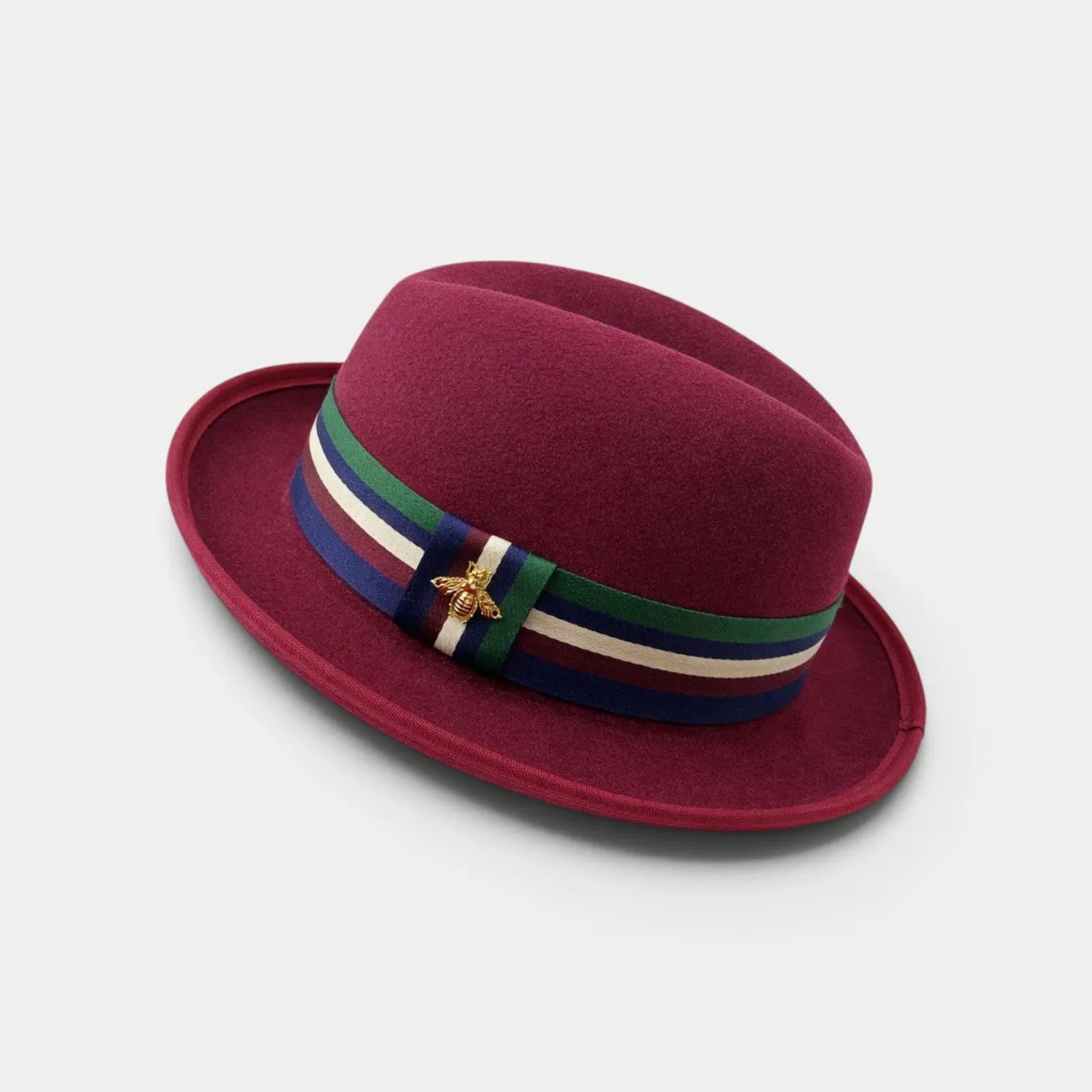 Chapeau Fedora Laine Ruban Rayé Broche Dorée