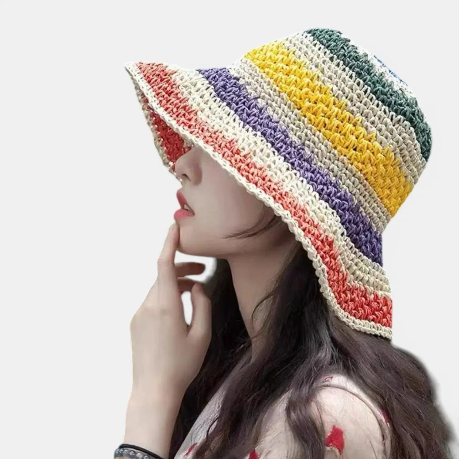 Bob Paille Crochet Multicolore Bord Large Femme
