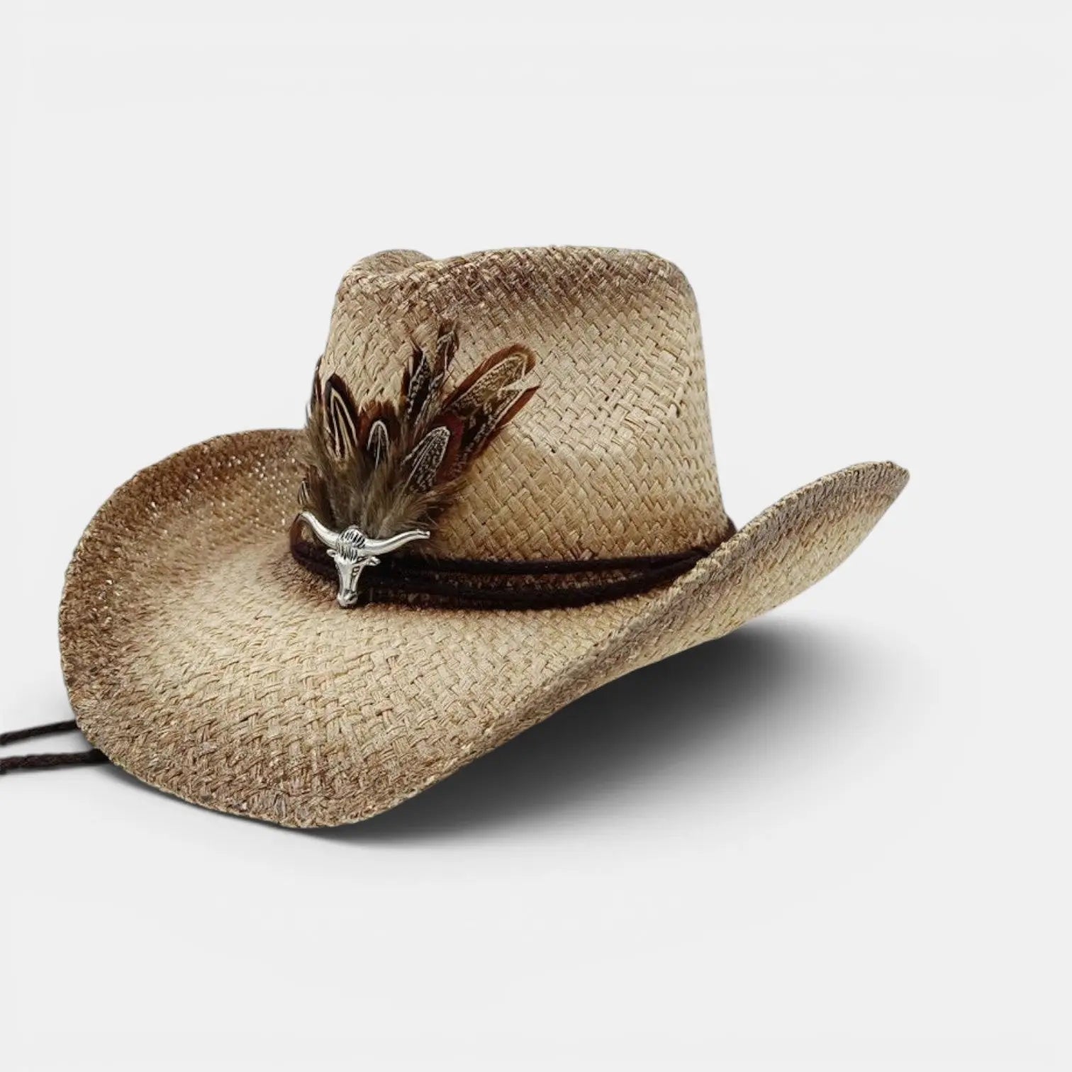 Chapeau Cowboy Paille Plumes et Concho Femme Homme
