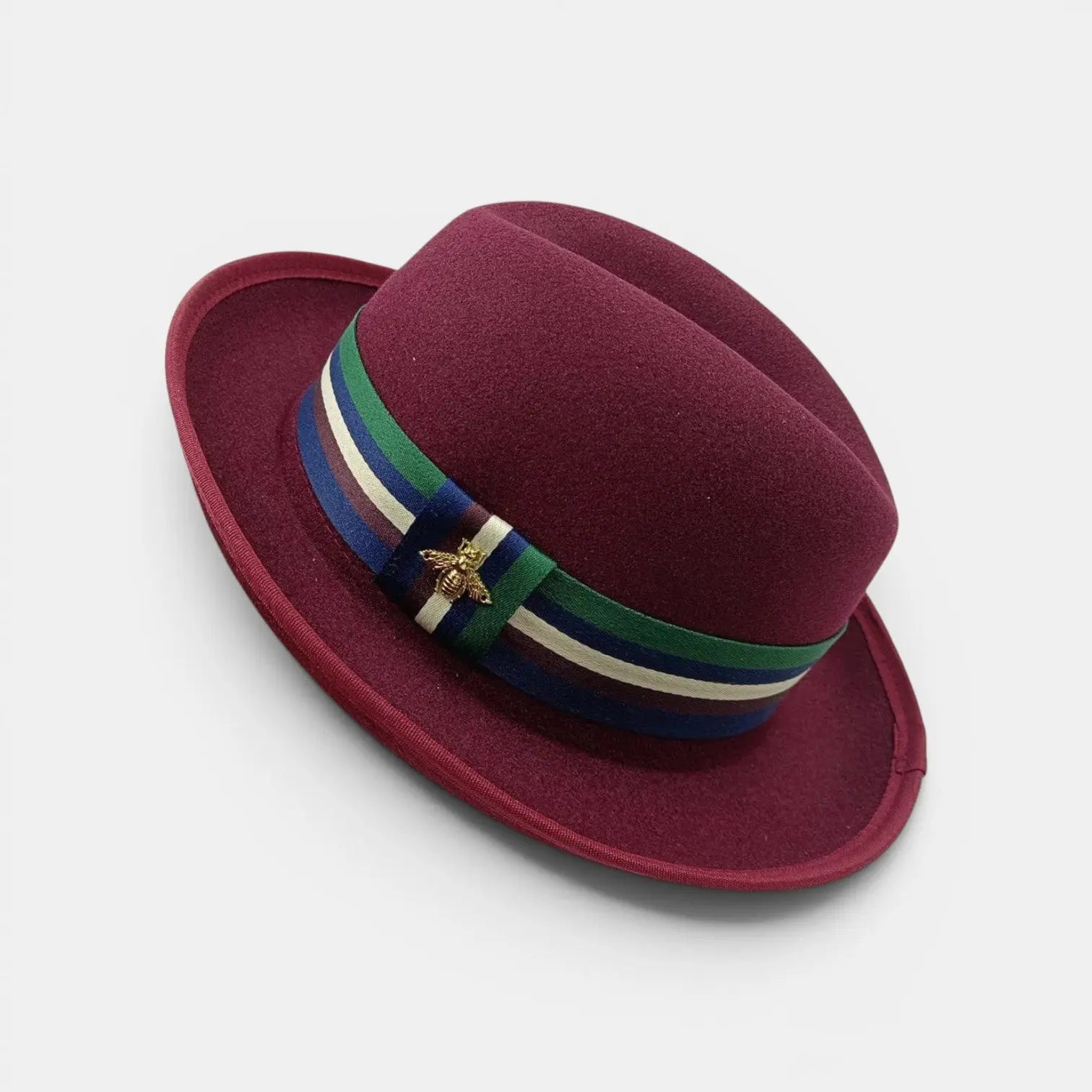 Chapeau Fedora Laine Ruban Rayé Broche Dorée