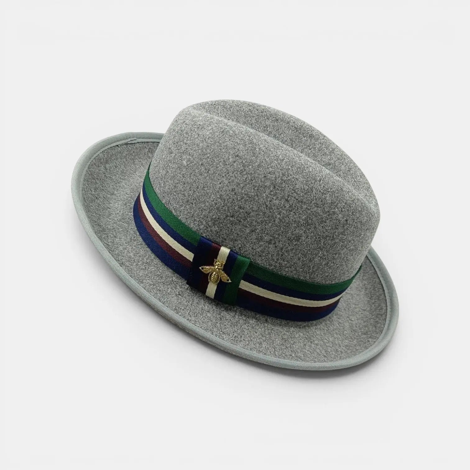 Chapeau Fedora Laine Ruban Rayé Broche Dorée